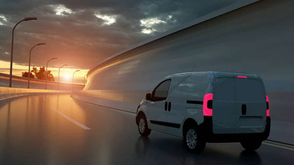 white delivery van on highway. transport and logistic concept. 3d illustration.